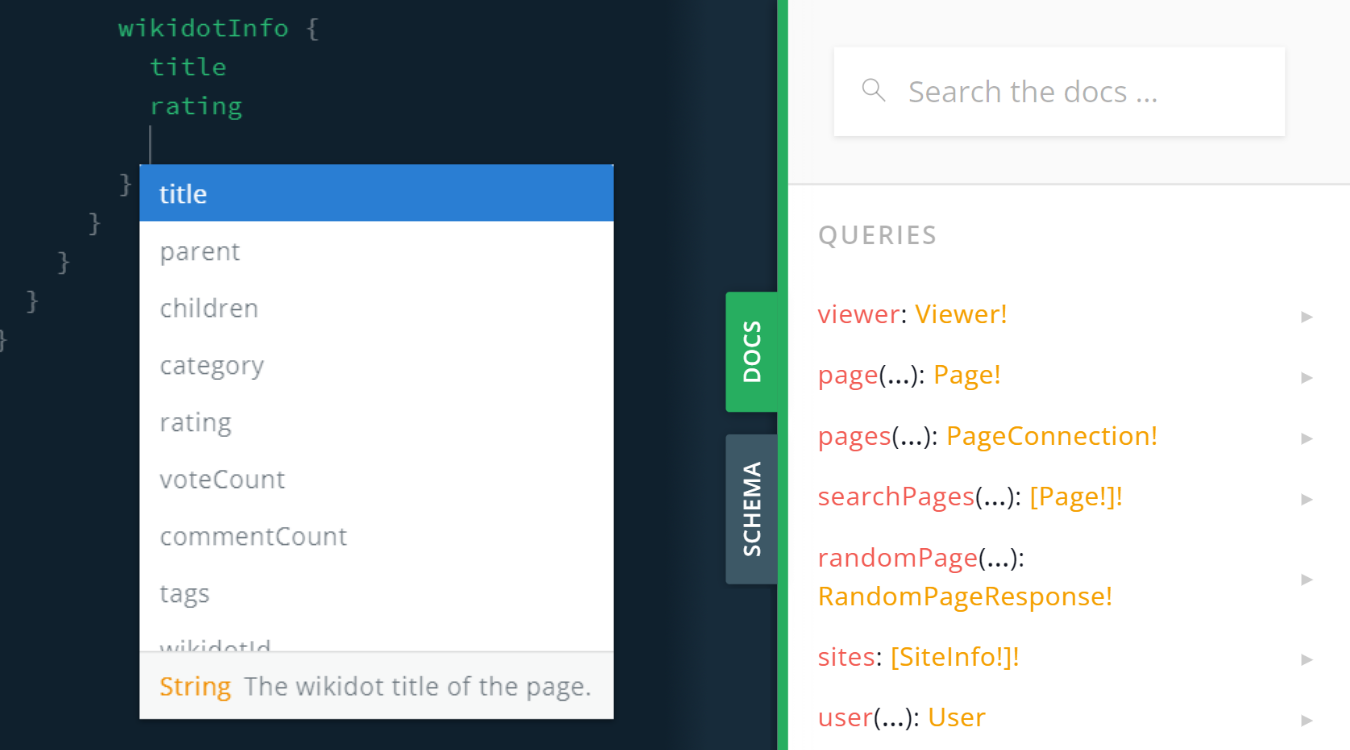 The GraphQL playground. On the left is the autocomplete menu. On the right is the docs tab.